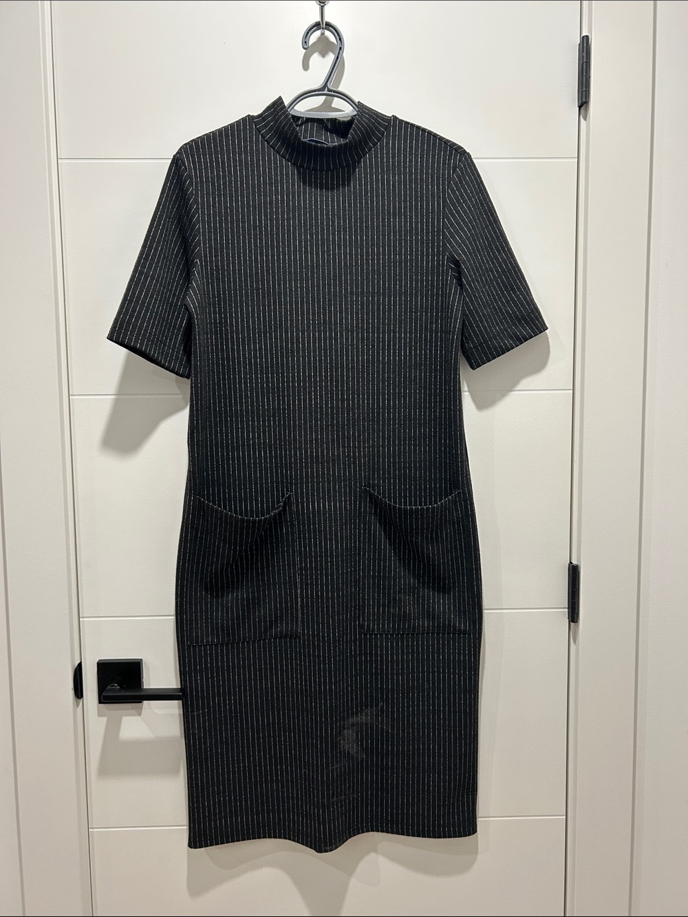 Zara Black Pinstripe Midi Dress with Mock Neck
